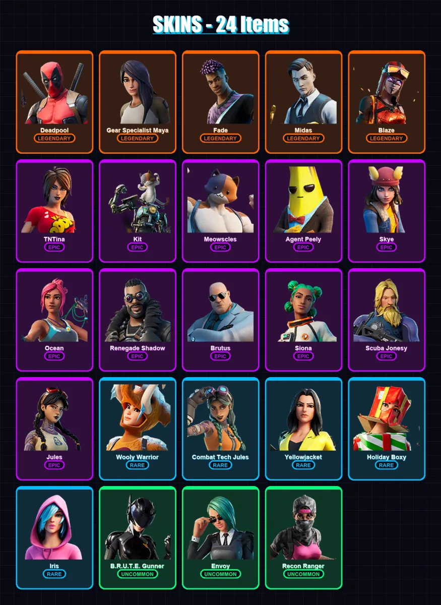 [SWITCH/XBOX/PSN/PC] | Deadpool | Gear Specialist Maya | Fade | Midas | Blaze | 24 skin | 26 pickaxe | 38 emote | 29 glider | Lv369