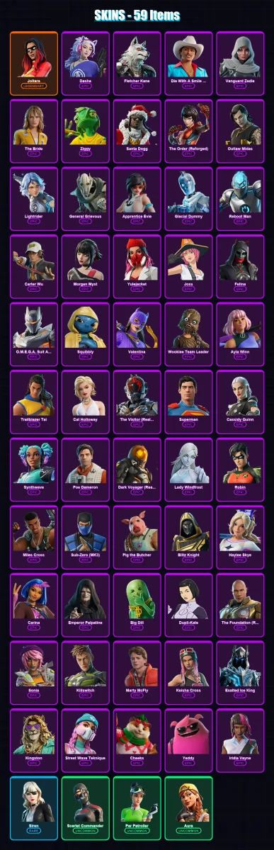 [PS4/PS5/XBOX/PC] | Joltara | Dasha | Fletcher Kane | Die With A Smile Bruno | Vanguard Zadie | 59 skin | 106 pickaxe | 67 emote | 74 glider | Lv200
