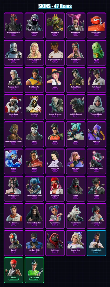 [PC/PSN] | Knight Conqueror | Sir Raven | Mecha R3X | Power Punk | Hero Baymax | 47 skin | 77 pickaxe | 55 emote | 52 glider | Lv1665
