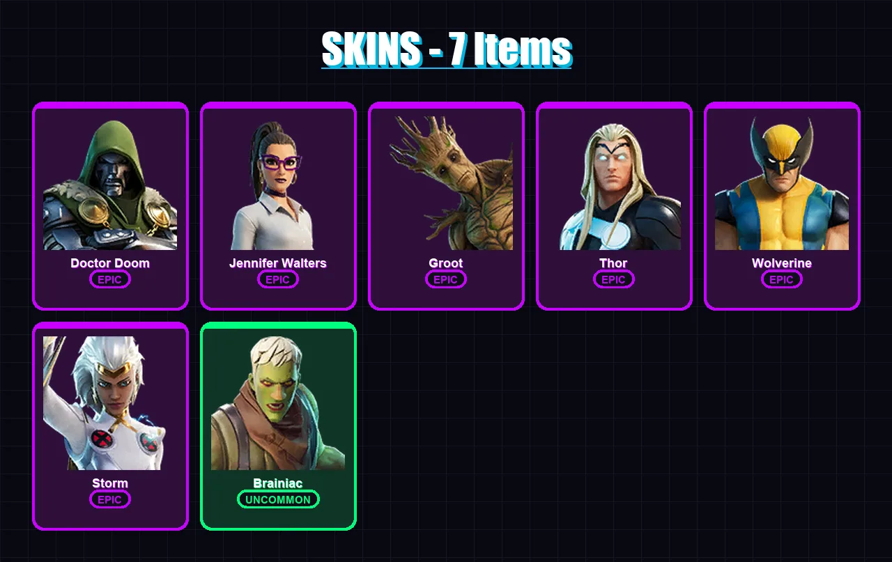[PC/XBOX/PSN] | Doctor Doom | Jennifer Walters | Groot | Thor | Wolverine | 7 skin | 9 pickaxe | 5 emote | 8 glider | Lv75