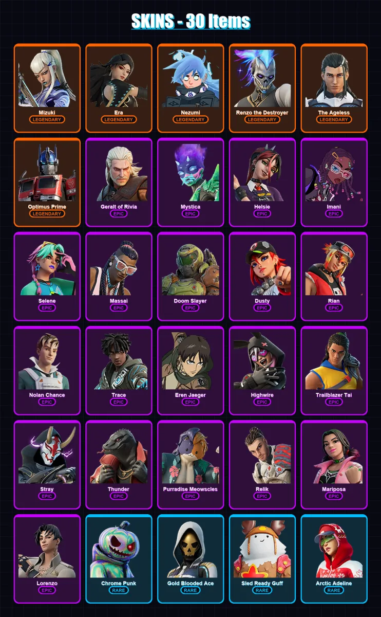 [PC/XBOX/PSN] | Mizuki | Era | Nezumi | Renzo the Destroyer | The Ageless | 30 skin | 51 pickaxe | 49 emote | 51 glider | Lv1167