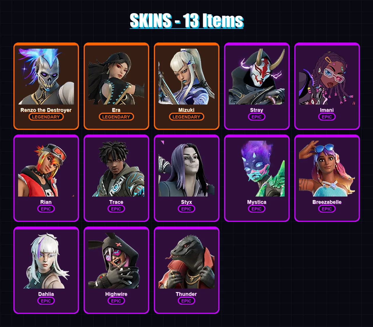 [PC/PSN] | Renzo the Destroyer | Era | Mizuki | Stray | Imani | 13 skin | 20 pickaxe | 11 emote | 18 glider | Lv188