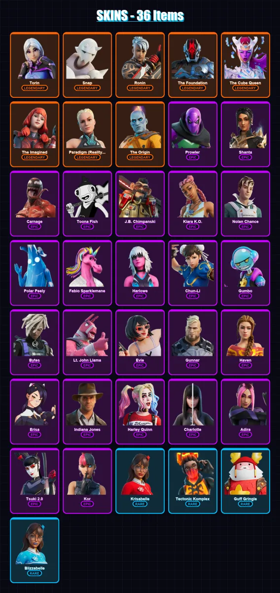 [PC/XBOX/PSN] | Torin | Snap | Ronin | The Foundation | The Cube Queen | 36 skin | 53 pickaxe | 25 emote | 39 glider | Lv477