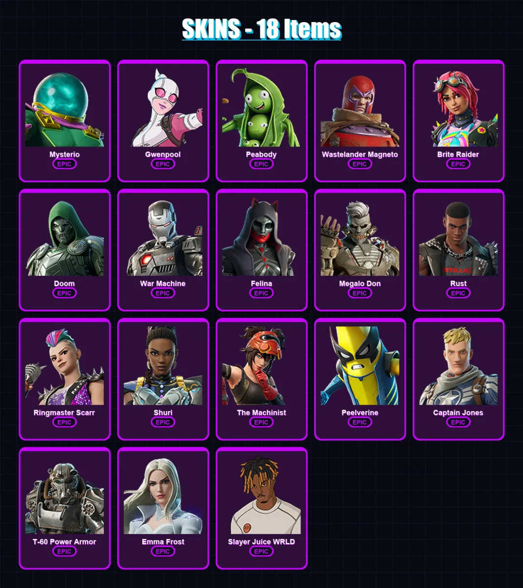 [PC/XBOX/PSN] | Mysterio | Gwenpool | Peabody | Wastelander Magneto | Brite Raider | 18 skin | 27 pickaxe | 22 emote | 24 glider | Lv280