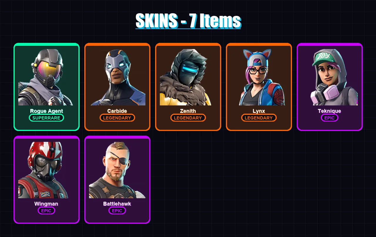 [PC/XBOX/PSN] | Rogue Agent | Carbide | Zenith | Lynx | Teknique | 7 skin | 24 pickaxe | 16 emote | 23 glider | Lv281