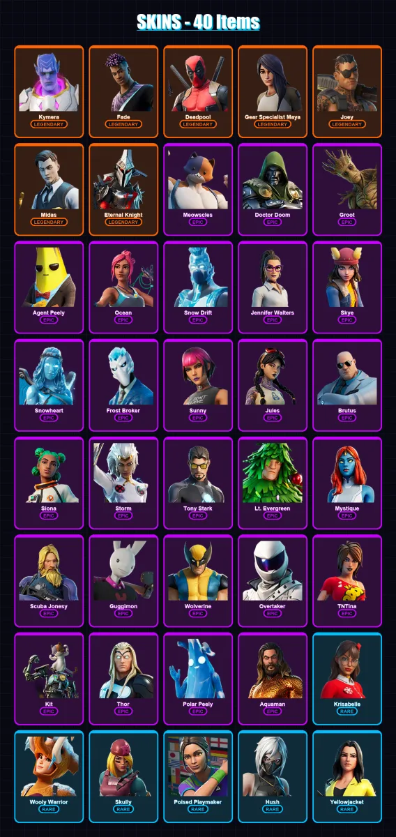 [SWITCH/XBOX/PSN/PC] | Kymera | Fade | Deadpool | Gear Specialist Maya | Joey | 40 skin | 46 pickaxe | 58 emote | 43 glider | Lv837