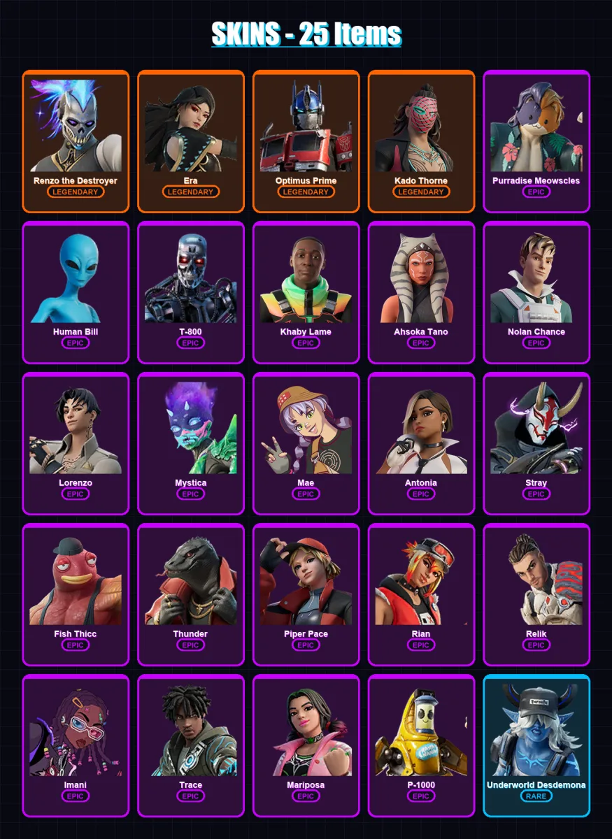 [PC/XBOX/PSN] | Renzo the Destroyer | Era | Optimus Prime | Kado Thorne | Purradise Meowscles | 25 skin | 28 pickaxe | 26 emote | 27 glider | Lv410 — Fortnite account