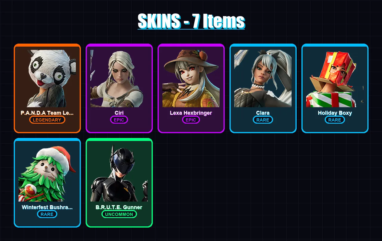 [PC] | P.A.N.D.A Team Leader | Ciri | Lexa Hexbringer | Clara | Holiday Boxy | 7 skin | 21 pickaxe | 9 emote | 17 glider | Lv240