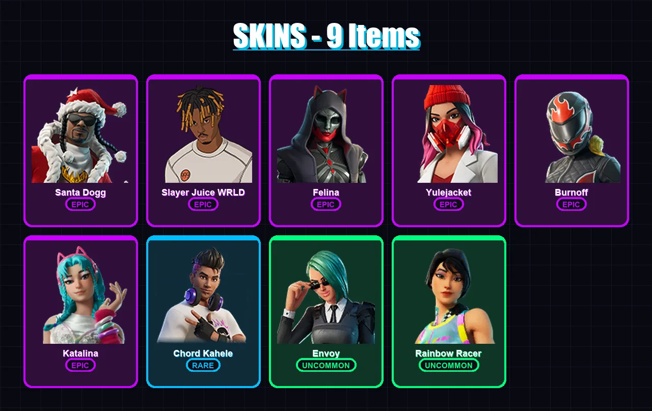 [PC/XBOX] | Santa Dogg | Slayer Juice WRLD | Felina | Yulejacket | Burnoff | 9 skin | 30 pickaxe | 9 emote | 24 glider | Lv298