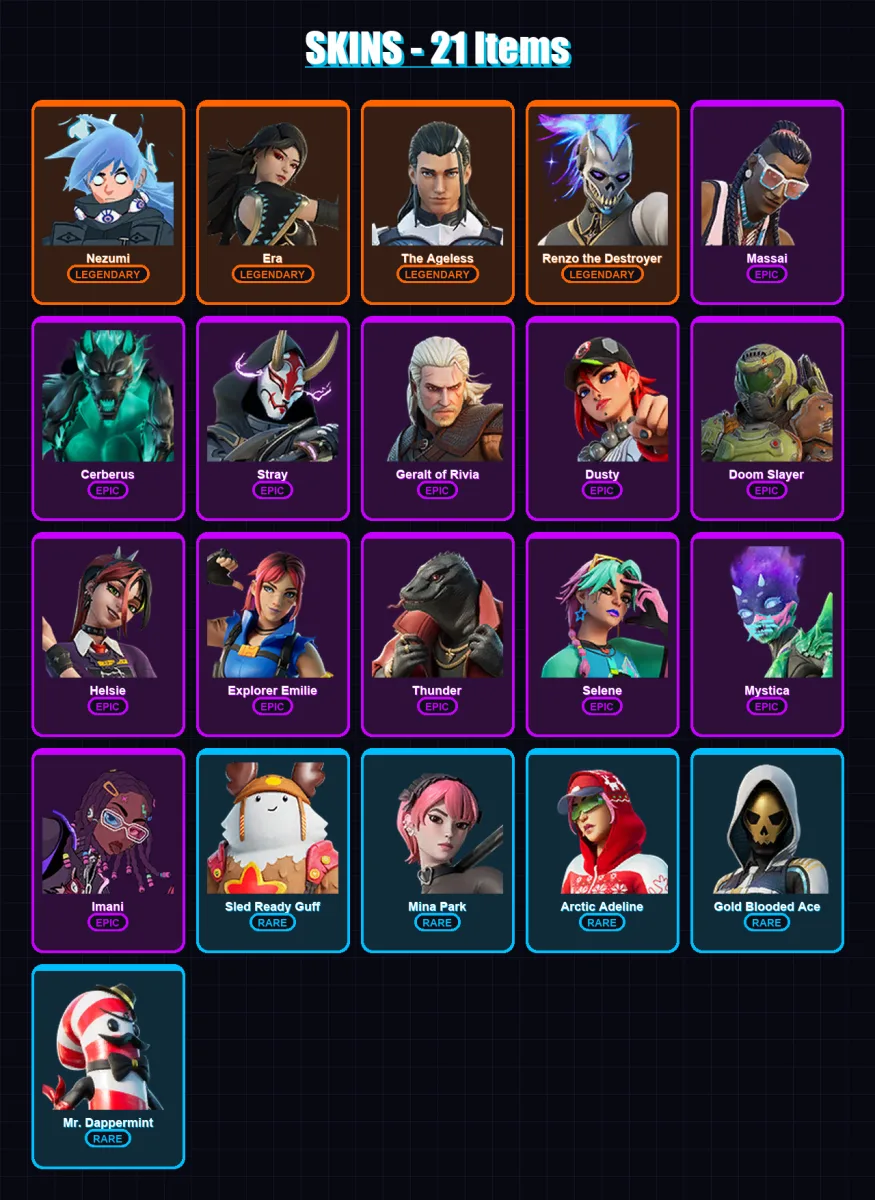 [PS4/PS5/XBOX/PC] | Nezumi | Era | The Ageless | Renzo the Destroyer | Massai | 21 skin | 35 pickaxe | 28 emote | 30 glider | Lv376