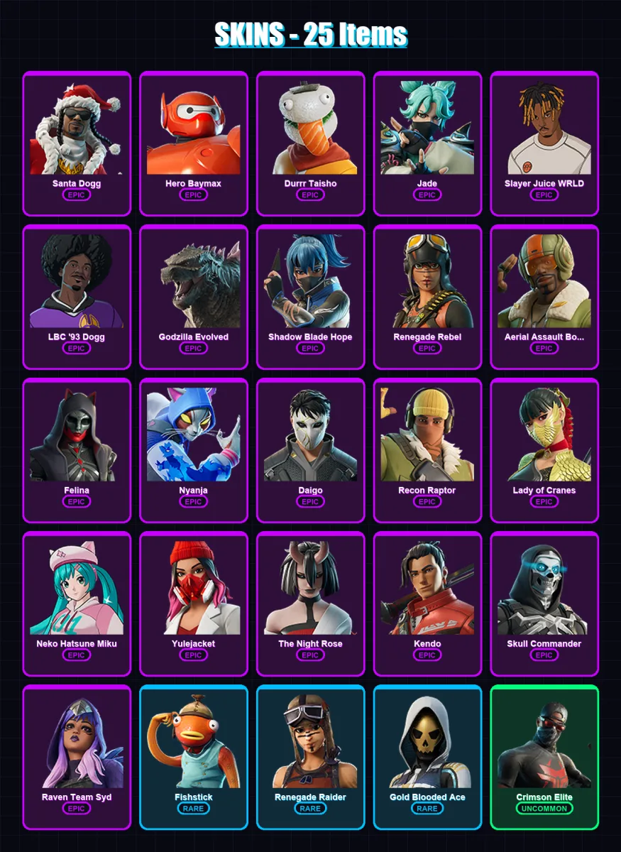 [PC/XBOX] | Santa Dogg | Hero Baymax | Durrr Taisho | Jade | Slayer Juice WRLD | 25 skin | 58 pickaxe | 30 emote | 37 glider | Lv1000 — Fortnite account