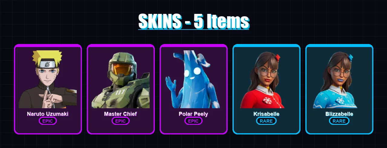 [PC/XBOX/PSN] | Naruto Uzumaki | Master Chief | Polar Peely | Krisabelle | Blizzabelle | 5 skin | 16 pickaxe | 18 emote | 12 glider | Lv278
