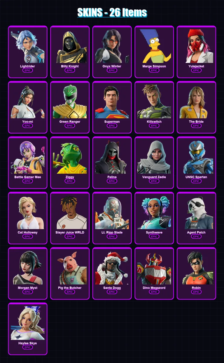 [SWITCH/XBOX/PSN/PC] | Lightrider | Blitz Knight | Onyx Winter | Marge Simpson | Yulejacket | 26 skin | 72 pickaxe | 38 emote | 48 glider | Lv769