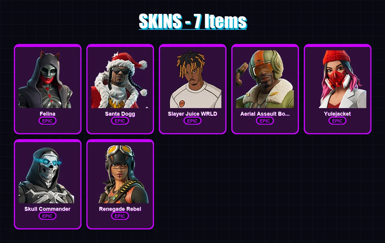 [PC/XBOX/PSN] | Felina | Santa Dogg | Slayer Juice WRLD | Aerial Assault Bomber | Yulejacket | 7 skin | 42 pickaxe | 23 emote | 26 glider | Lv922