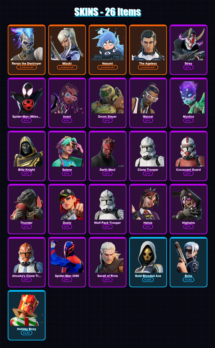 [PS4/PS5/XBOX/PC] | Renzo the Destroyer | Mizuki | Nezumi | The Ageless | Stray | 26 skin | 41 pickaxe | 36 emote | 40 glider | Lv562 — Fortnite account