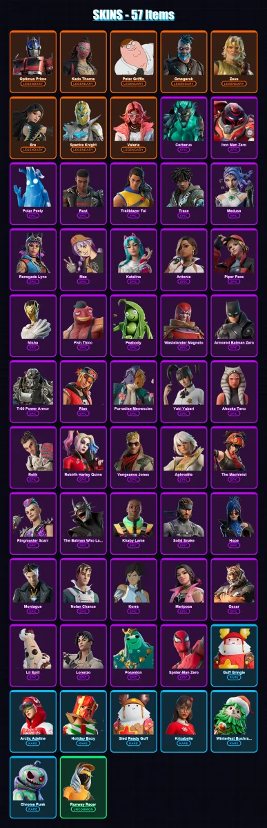 [PC/XBOX] | Optimus Prime | Kado Thorne | Peter Griffin | Omegarok | Zeus | 57 skin | 75 pickaxe | 67 emote | 72 glider | Lv1083
