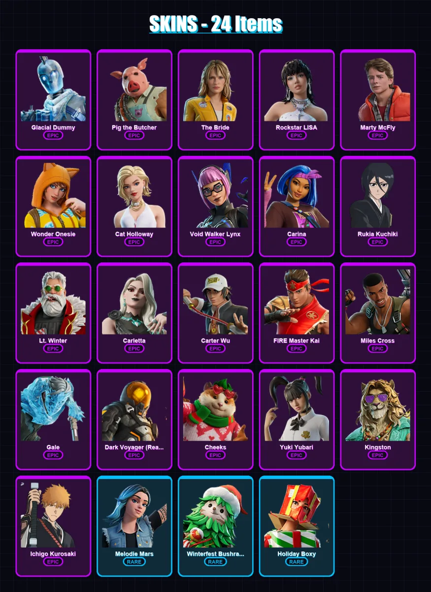 [PC] | Glacial Dummy | Pig the Butcher | The Bride | Rockstar LISA | Marty McFly | 24 skin | 57 pickaxe | 27 emote | 39 glider | Lv461 — Fortnite account