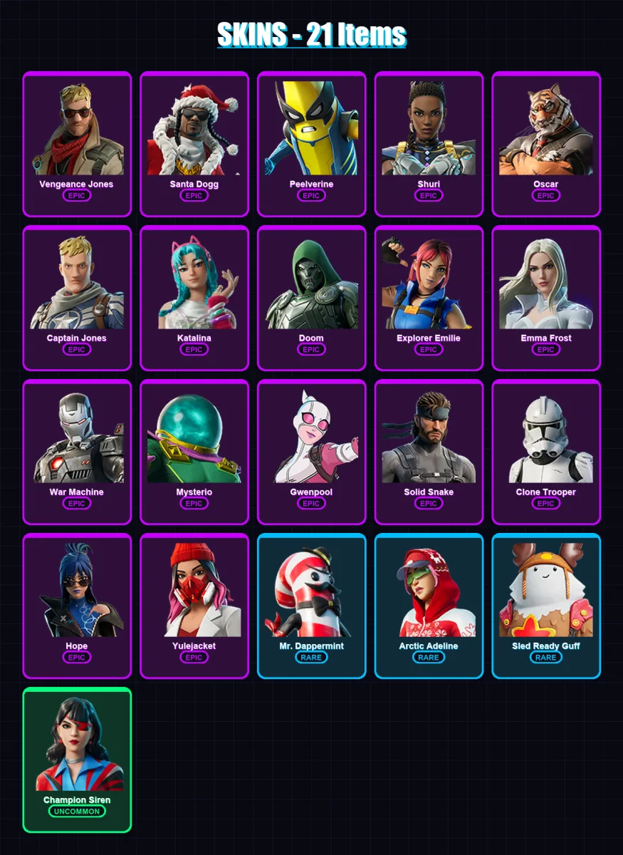 [PC/PSN] | Vengeance Jones | Santa Dogg | Peelverine | Shuri | Oscar | 21 skin | 56 pickaxe | 35 emote | 46 glider | Lv749