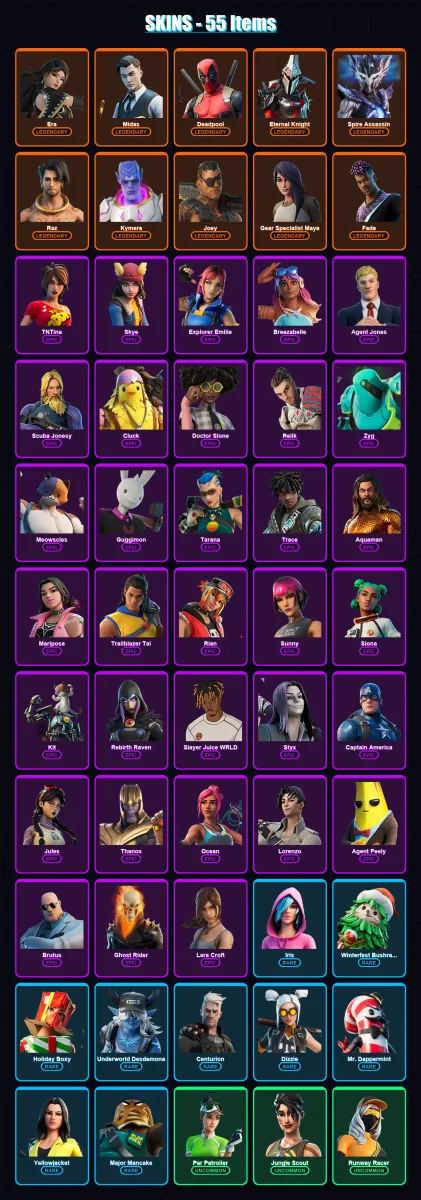[PC/XBOX/PSN] | Era | Midas | Deadpool | Eternal Knight | Spire Assassin | 55 skin | 71 pickaxe | 56 emote | 65 glider | Lv1087