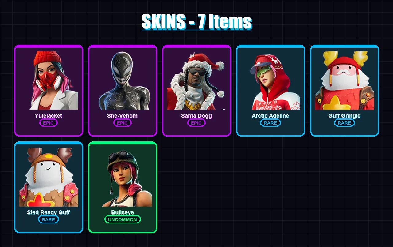 [PC/XBOX/PSN] | Yulejacket | She-Venom | Santa Dogg | Arctic Adeline | Guff Gringle | 7 skin | 16 pickaxe | 10 emote | 17 glider | Lv257