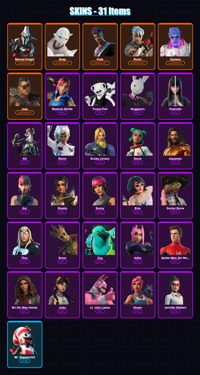 [SWITCH/XBOX/PSN/PC] | Eternal Knight | Snap | Fade | Ronin | Kymera | 31 skin | 38 pickaxe | 25 emote | 39 glider | Lv420