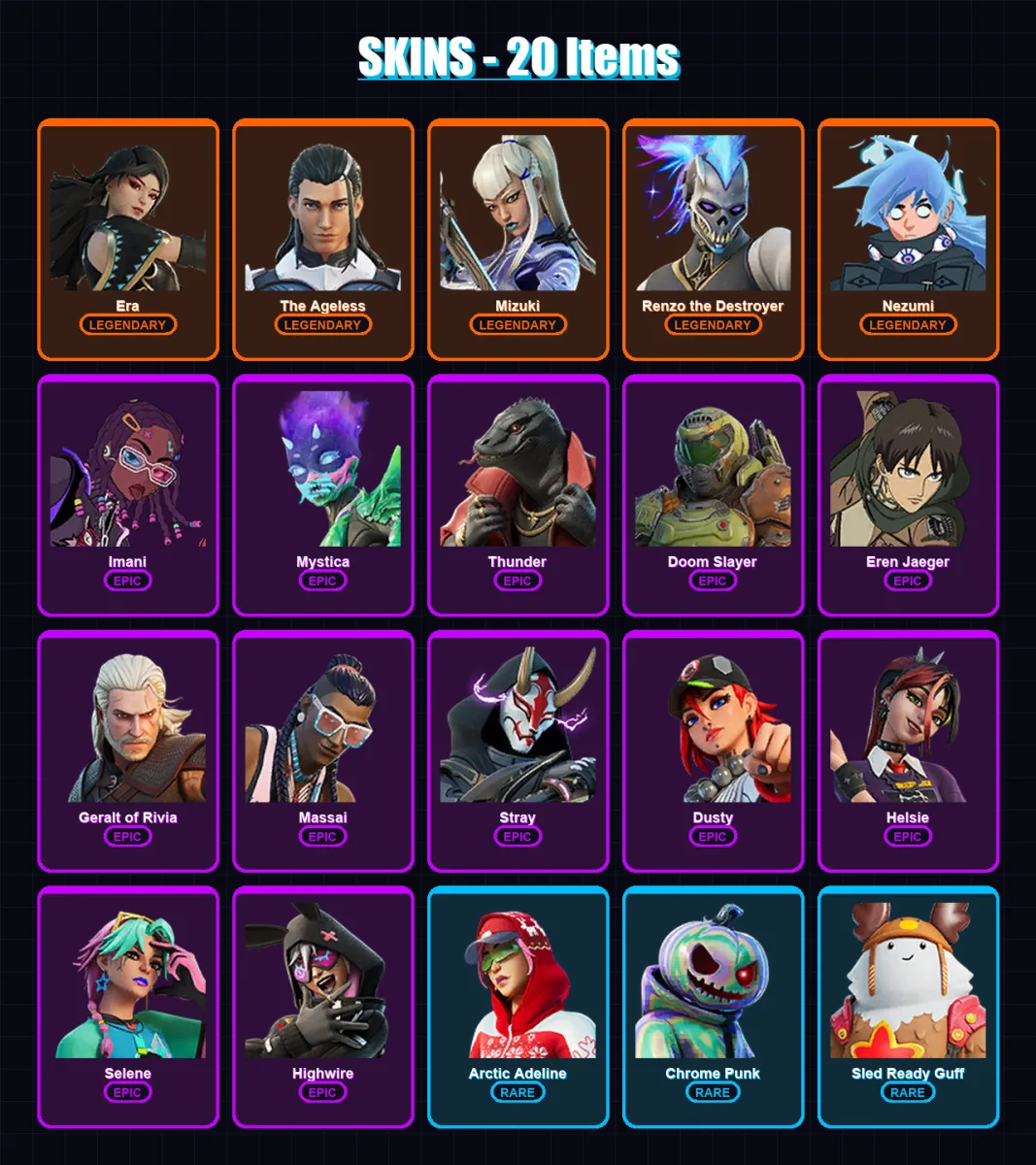 [PS4/PS5/XBOX/PC] | Era | The Ageless | Mizuki | Renzo the Destroyer | Nezumi | 20 skin | 27 pickaxe | 26 emote | 32 glider | Lv428 — Fortnite account