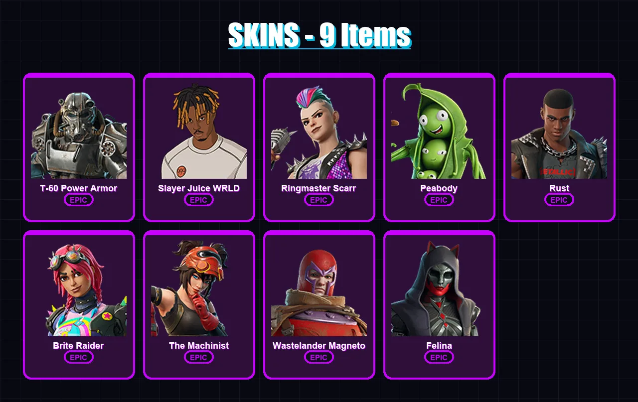 [PC/XBOX/PSN] | T-60 Power Armor | Slayer Juice WRLD | Ringmaster Scarr | Peabody | Rust | 9 skin | 36 pickaxe | 18 emote | 28 glider | Lv411