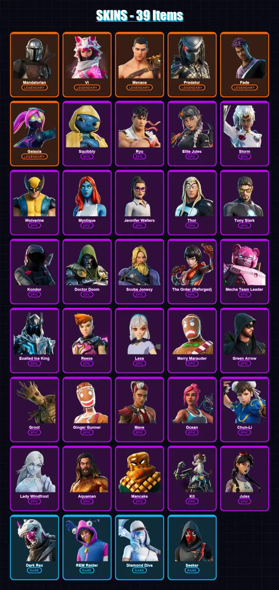 [PC/PSN] | Mandalorian | Vi | Menace | Predator | Fade | 39 skin | 47 pickaxe | 34 emote | 36 glider | Lv420
