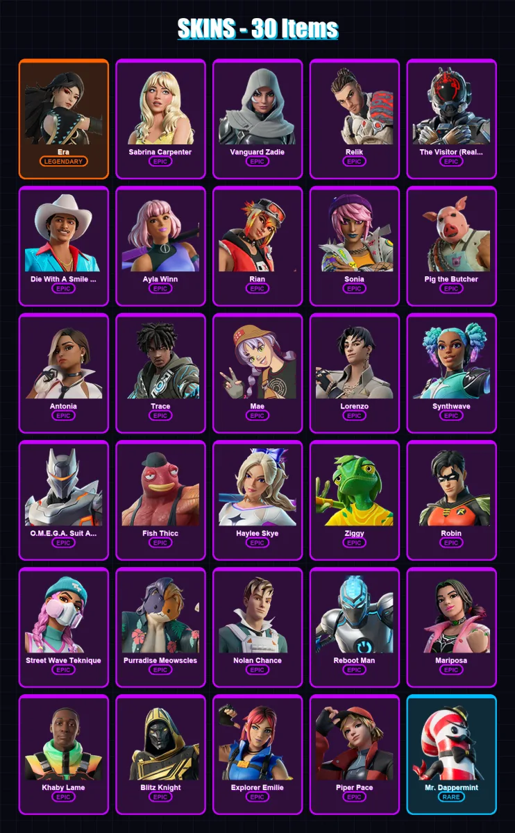 [PC/XBOX/PSN] | Era | Sabrina Carpenter | Vanguard Zadie | Relik | The Visitor (Reality Unknown) | 30 skin | 49 pickaxe | 39 emote | 31 glider | Lv3