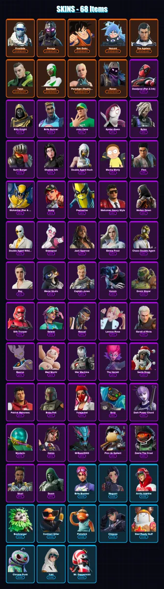 [PC/PSN] | Frostbite | Ravage | Son Goku | Nezumi | The Ageless | 68 skin | 98 pickaxe | 57 emote | 65 glider | Lv799