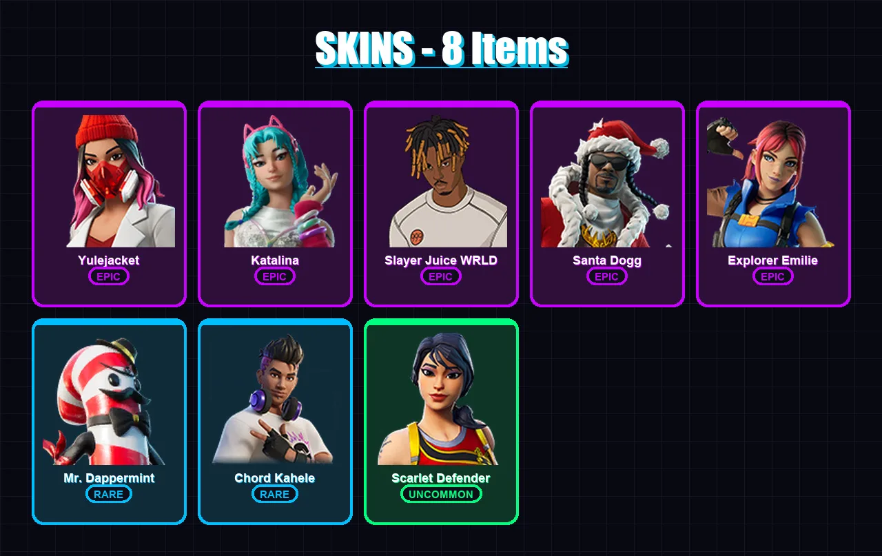 [PC/XBOX/PSN] | Yulejacket | Katalina | Slayer Juice WRLD | Santa Dogg | Explorer Emilie | 8 skin | 18 pickaxe | 6 emote | 10 glider | Lv187