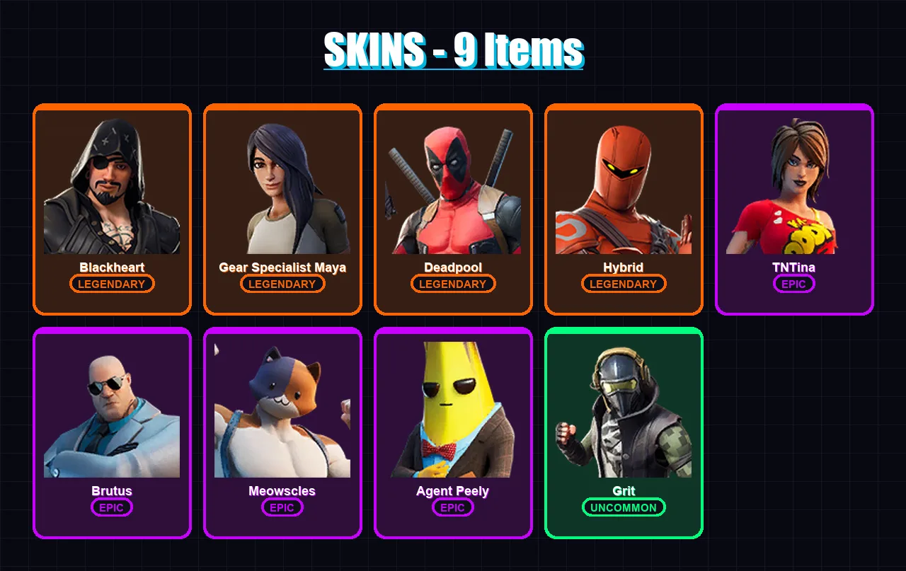 [PS4/PS5/XBOX/PC] | Blackheart | Gear Specialist Maya | Deadpool | Hybrid | TNTina | 9 skin | 7 pickaxe | 8 emote | 11 glider | Lv123