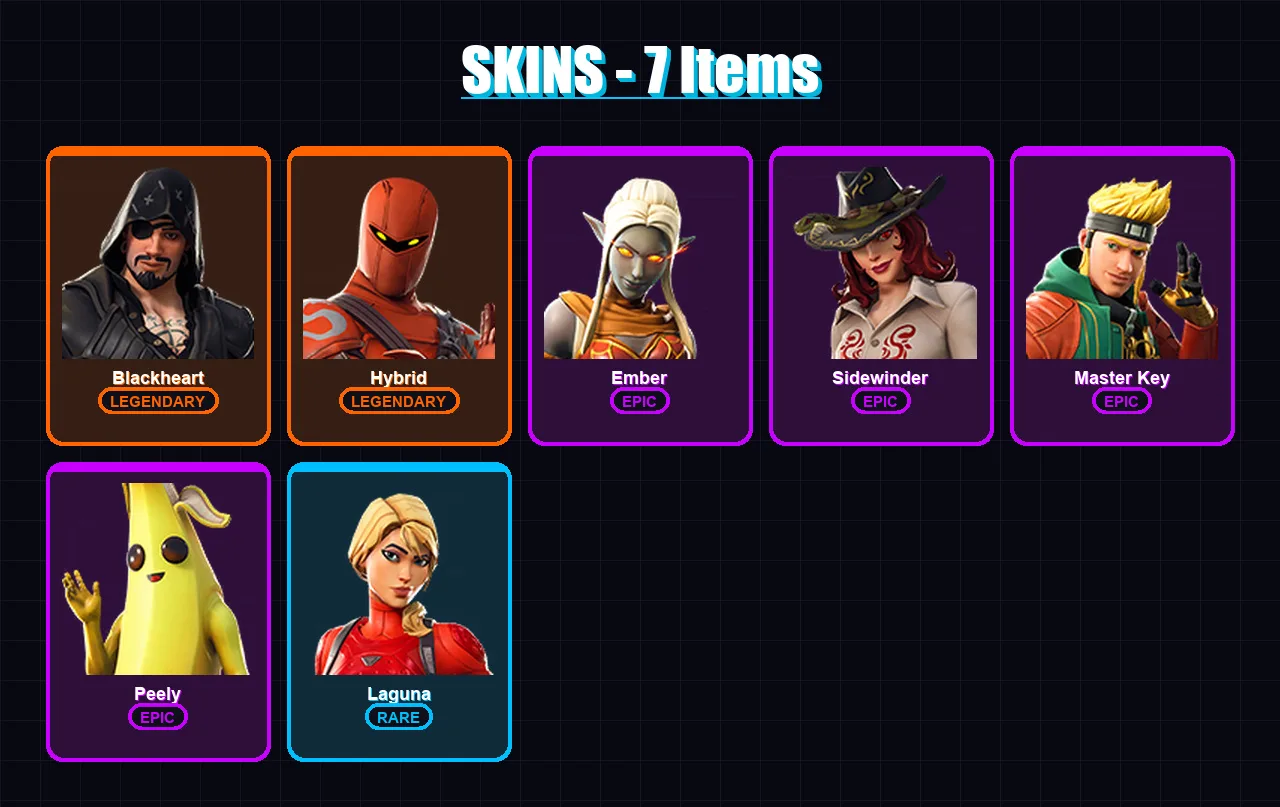 [PC/XBOX/PSN] | Blackheart | Hybrid | Ember | Sidewinder | Master Key | 7 skin | 8 pickaxe | 18 emote | 20 glider | Lv232