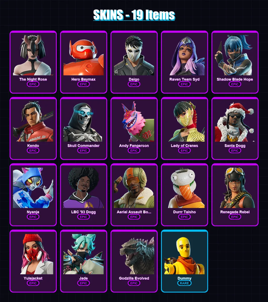 [PC/XBOX/PSN] | The Night Rose | Hero Baymax | Daigo | Raven Team Syd | Shadow Blade Hope | 19 skin | 36 pickaxe | 23 emote | 26 glider | Lv298
