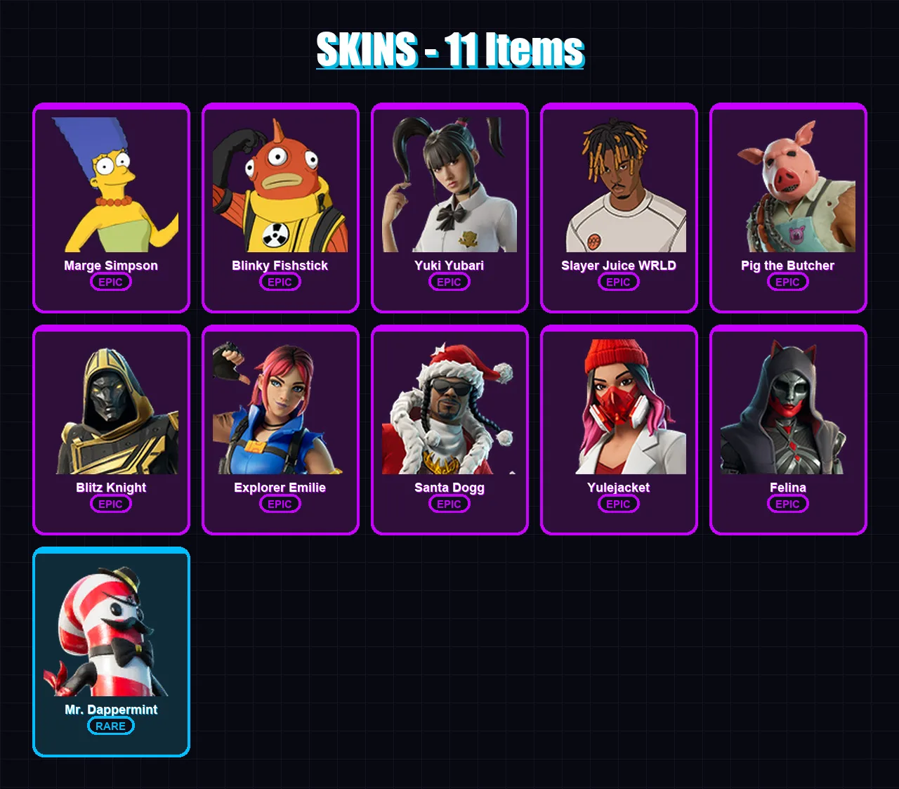 [PC/XBOX] | Marge Simpson | Blinky Fishstick | Yuki Yubari | Slayer Juice WRLD | Pig the Butcher | 11 skin | 48 pickaxe | 18 emote | 29 glider | Lv5