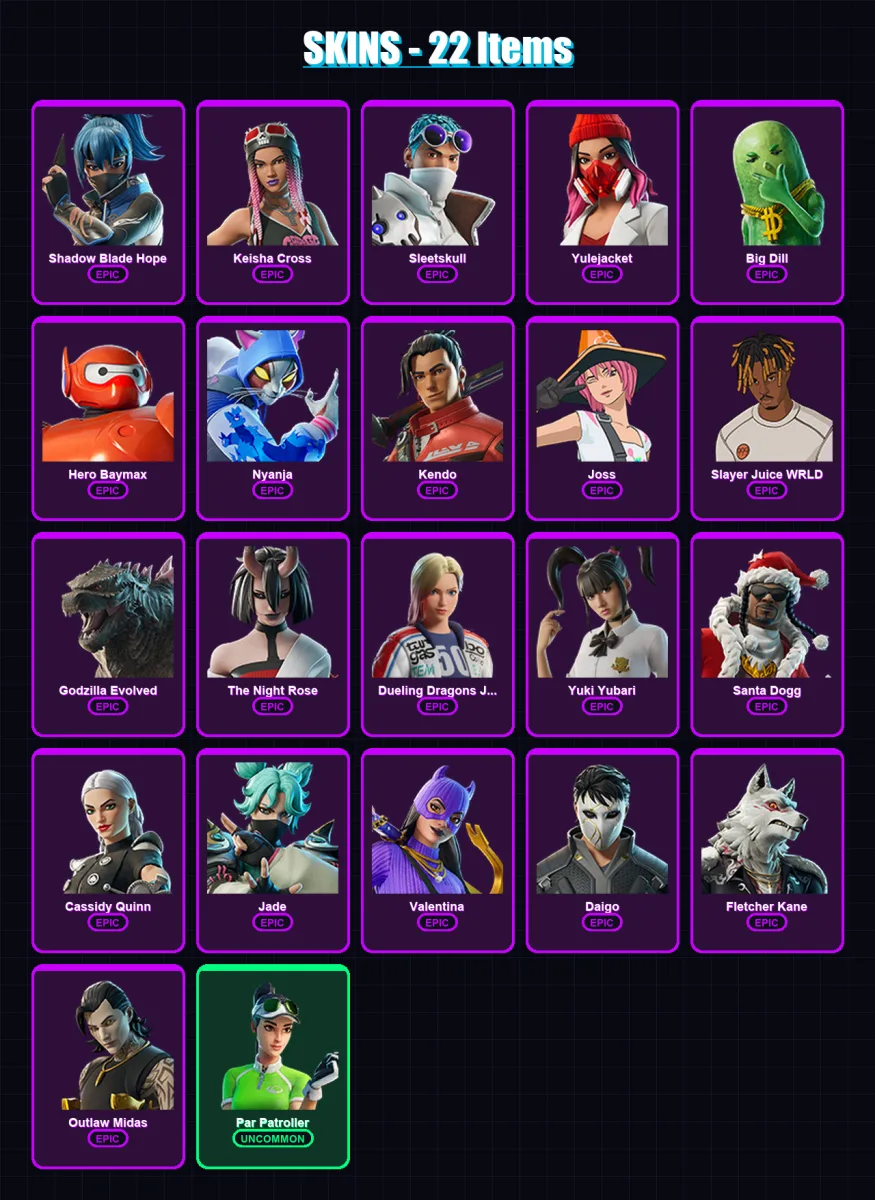[PS4/PS5/XBOX/PC] | Shadow Blade Hope | Keisha Cross | Sleetskull | Yulejacket | Big Dill | 22 skin | 45 pickaxe | 29 emote | 35 glider | Lv399
