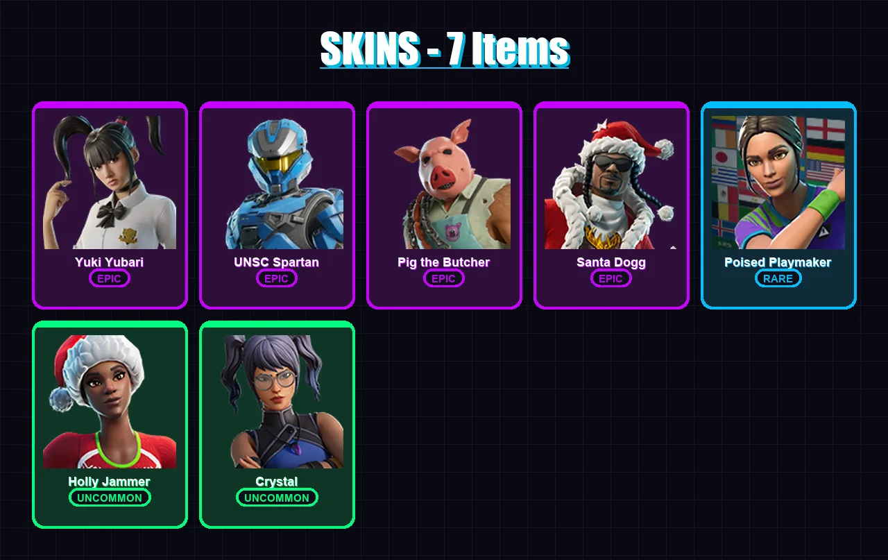[PC/XBOX/PSN] | Yuki Yubari | UNSC Spartan | Pig the Butcher | Santa Dogg | Poised Playmaker | 7 skin | 33 pickaxe | 15 emote | 24 glider | Lv313