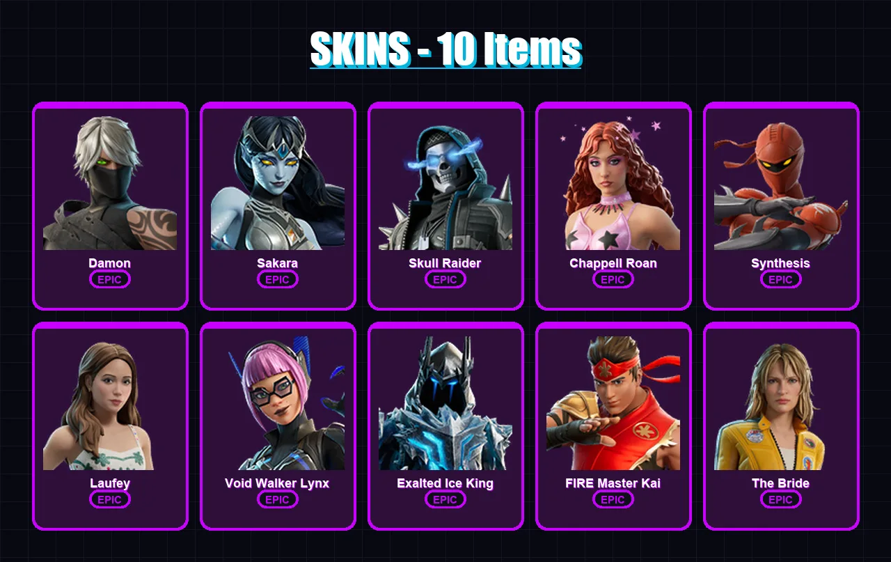[PC/XBOX/PSN] | Damon | Sakara | Skull Raider | Chappell Roan | Synthesis | 10 skin | 10 pickaxe | 2 emote | 4 glider | Lv51