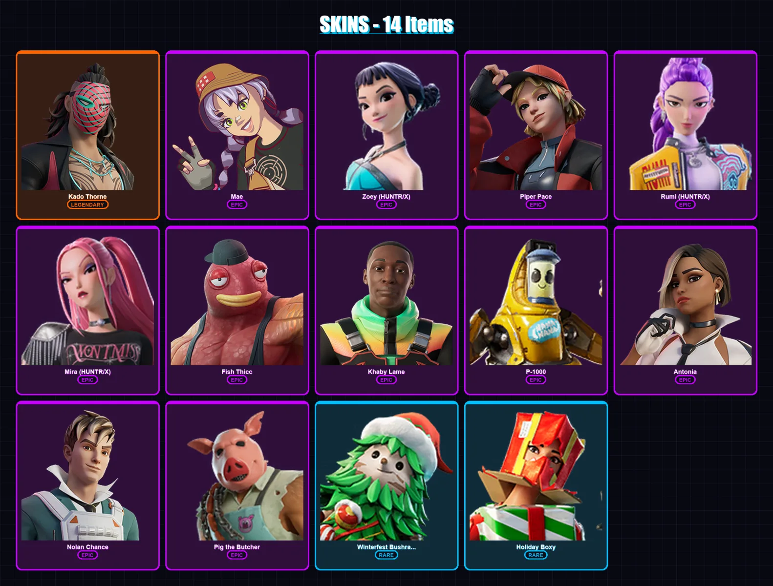 [PC/PSN] | Kado Thorne | Mae | Zoey (HUNTR/X) | Piper Pace | Rumi (HUNTR/X) | 14 skin | 34 pickaxe | 27 emote | 27 glider | Lv612