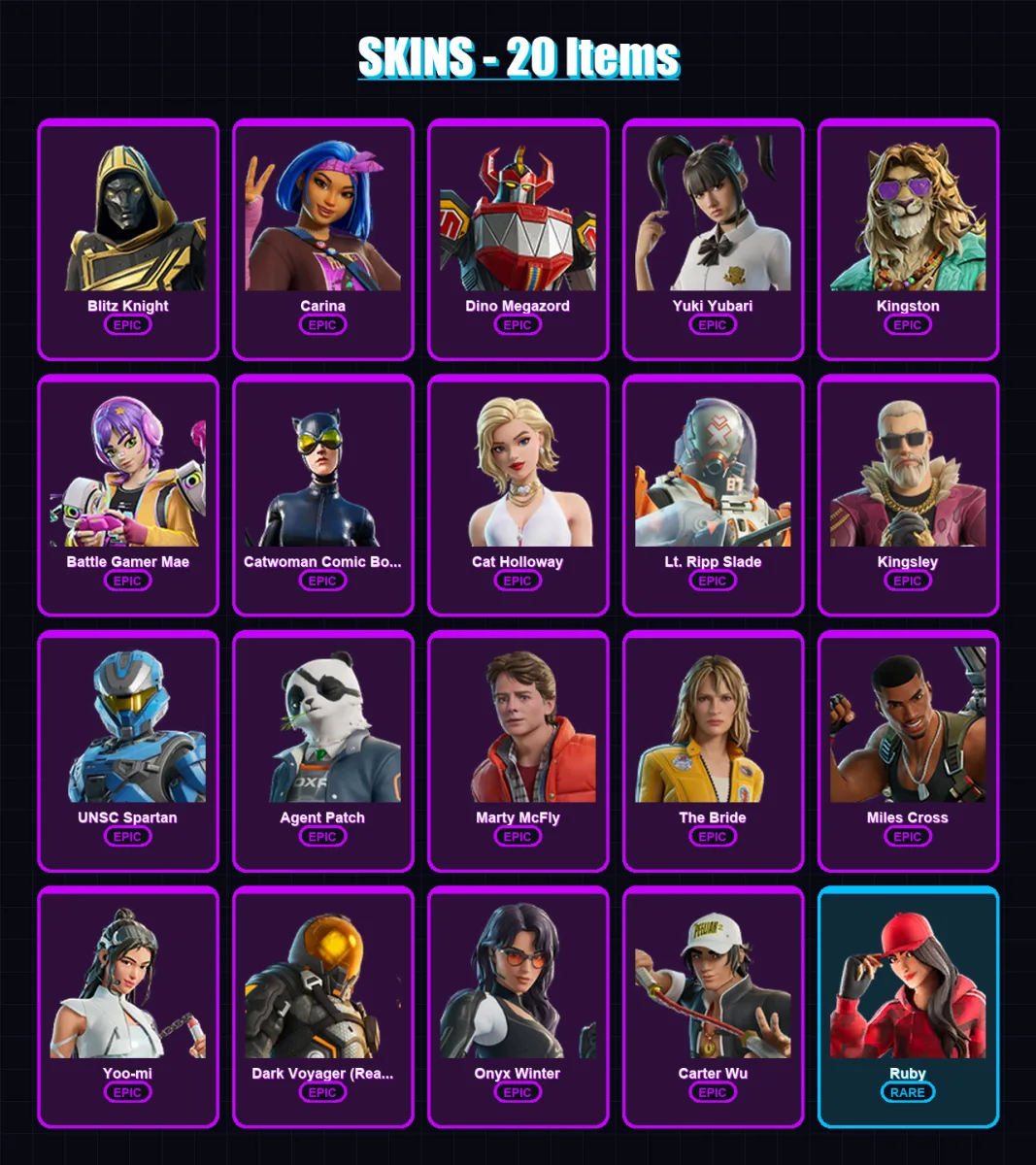 [PS4/PS5/XBOX/PC] | Blitz Knight | Carina | Dino Megazord | Yuki Yubari | Kingston | 20 skin | 49 pickaxe | 29 emote | 27 glider | Lv341