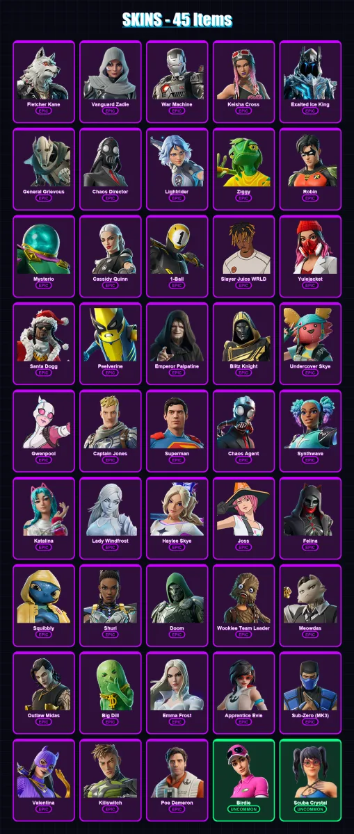 [PC/XBOX/PSN] | Fletcher Kane | Vanguard Zadie | War Machine | Keisha Cross | Exalted Ice King | 45 skin | 91 pickaxe | 53 emote | 66 glider | Lv132