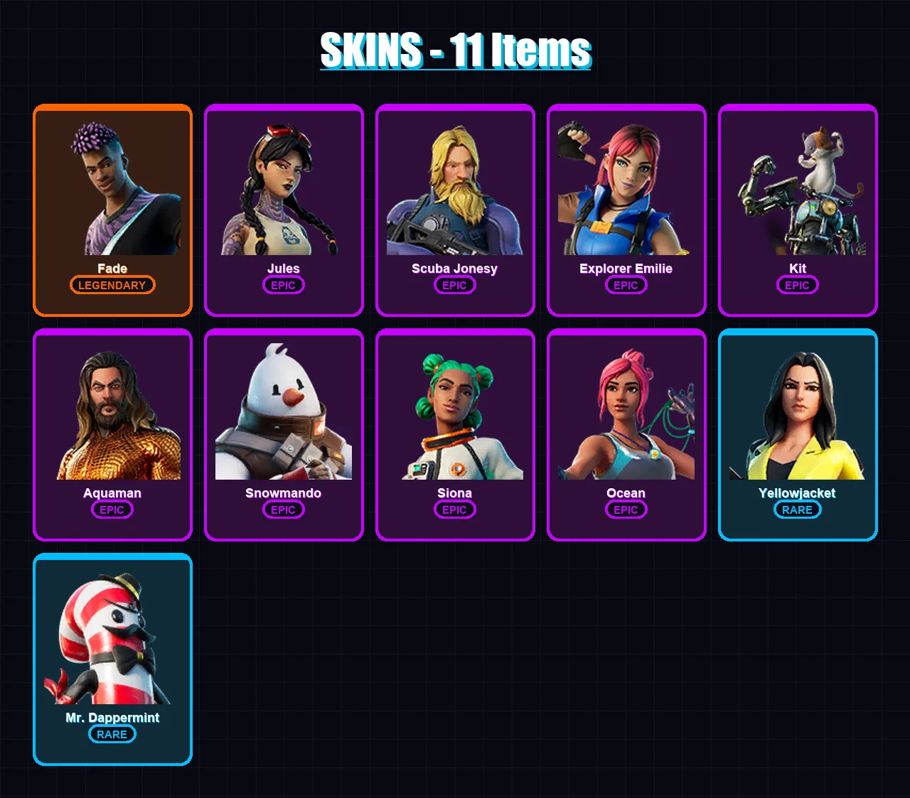 [PC/PSN] | Fade | Jules | Scuba Jonesy | Explorer Emilie | Kit | 11 skin | 20 pickaxe | 23 emote | 21 glider | Lv340