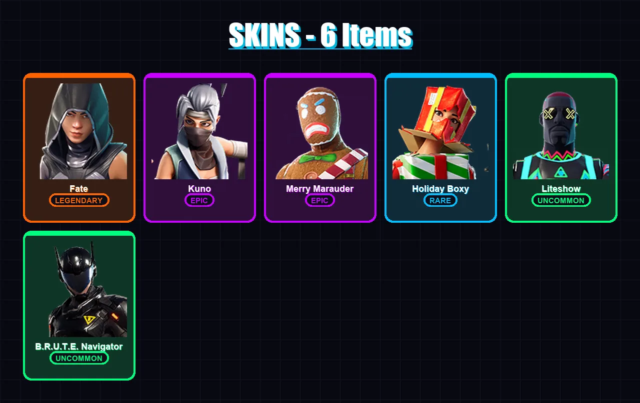 [PC/PSN] | Fate | Kuno | Merry Marauder | Holiday Boxy | Liteshow | 6 skin | 6 pickaxe | 2 emote | 7 glider | Lv152
