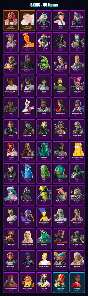 [PS4/PS5/XBOX/PC] | Valeria | Peter Griffin | Fletcher Kane | Joss | Cuddle Team Specialist | 65 skin | 90 pickaxe | 76 emote | 67 glider | Lv788