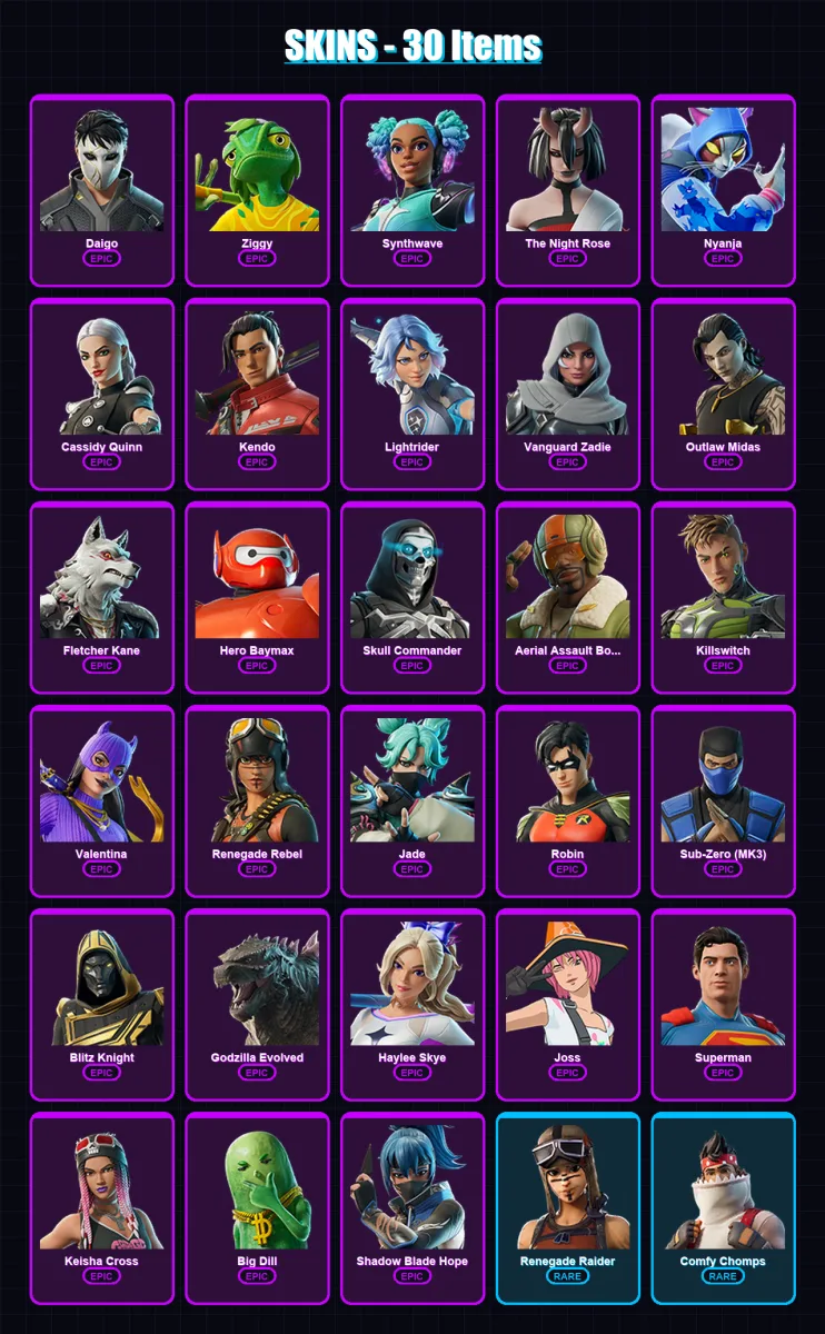 [PC/XBOX/PSN] | Daigo | Ziggy | Synthwave | The Night Rose | Nyanja | 30 skin | 59 pickaxe | 45 emote | 46 glider | Lv499