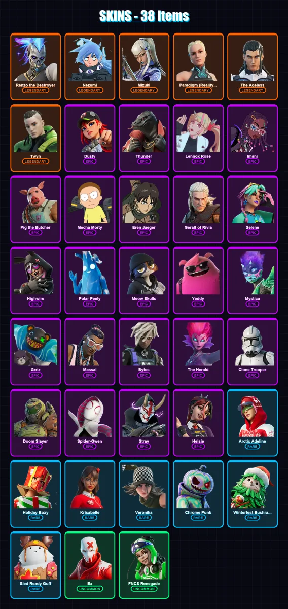 [PC/PSN] | Renzo the Destroyer | Nezumi | Mizuki | Paradigm (Reality-659) | The Ageless | 38 skin | 77 pickaxe | 73 emote | 72 glider | Lv1471