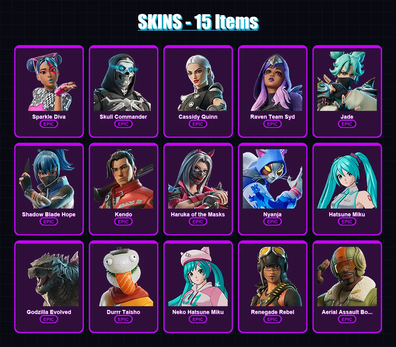 [PC/PSN] | Sparkle Diva | Skull Commander | Cassidy Quinn | Raven Team Syd | Jade | 15 skin | 19 pickaxe | 14 emote | 9 glider | Lv78