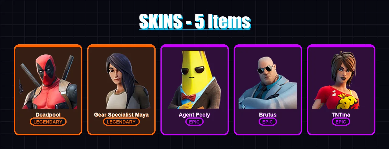 [PC/XBOX/PSN] | Deadpool | Gear Specialist Maya | Agent Peely | Brutus | TNTina | 5 skin | 6 pickaxe | 6 emote | 6 glider | Lv69