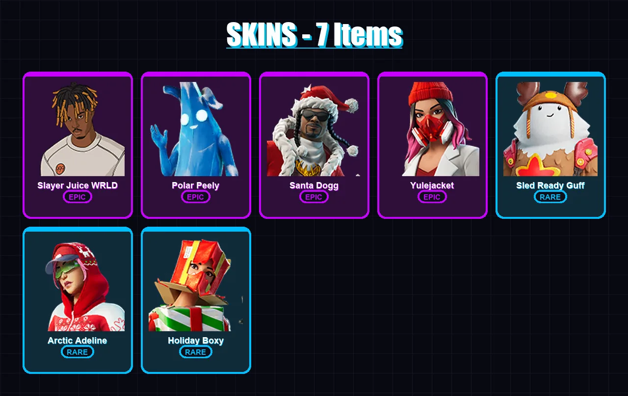 [SWITCH/PC] | Slayer Juice WRLD | Polar Peely | Santa Dogg | Yulejacket | Sled Ready Guff | 7 skin | 33 pickaxe | 26 emote | 29 glider | Lv593