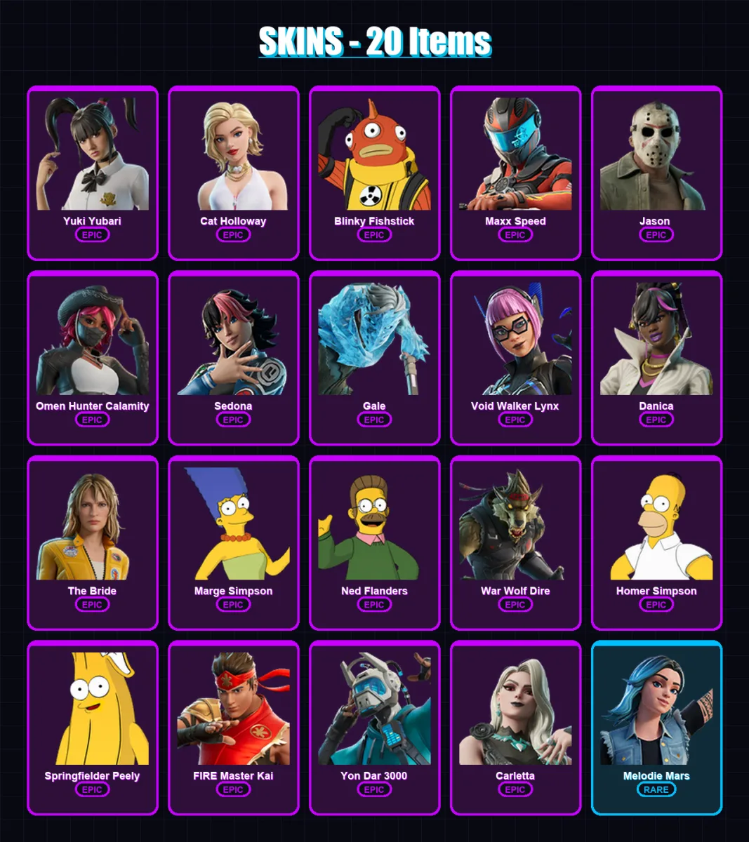 [PC/PSN] | Yuki Yubari | Cat Holloway | Blinky Fishstick | Maxx Speed | Jason  | 20 skin | 28 pickaxe | 18 emote | 19 glider | Lv104